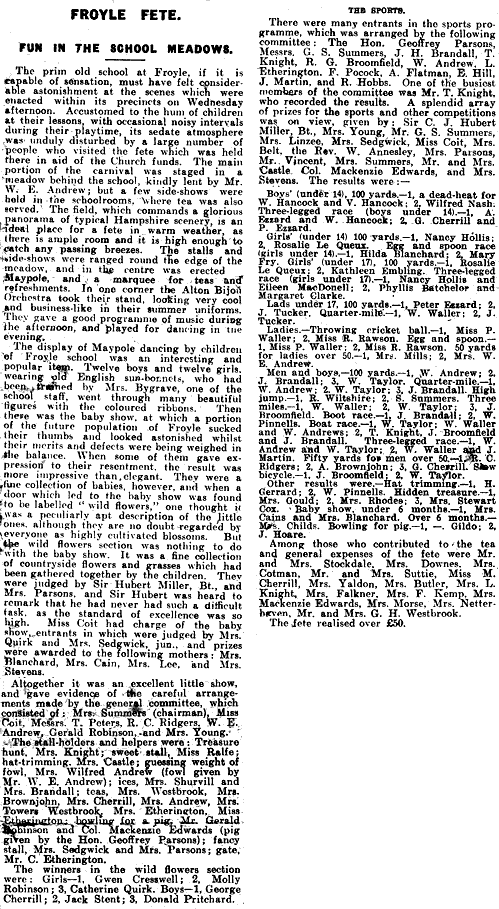 Newspaper report of Froyle Fete 1926